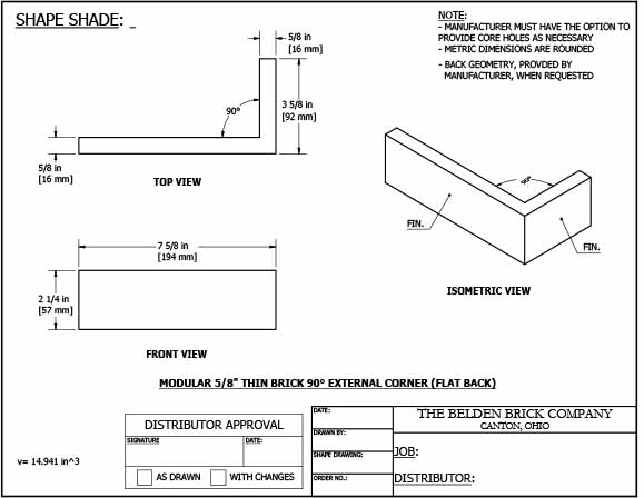 Modular 5/8" 90° External Corner Flat Back Thin Brick Specification