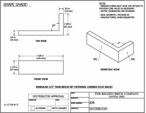 Modular 3/4" 90° External Corner Flat Back Thin Brick Specification