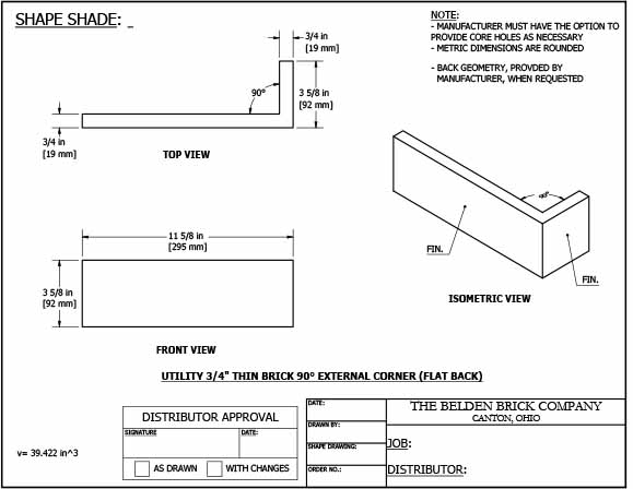 Utility 3/4" 90° External Corner Flat Back Thin Brick Specification